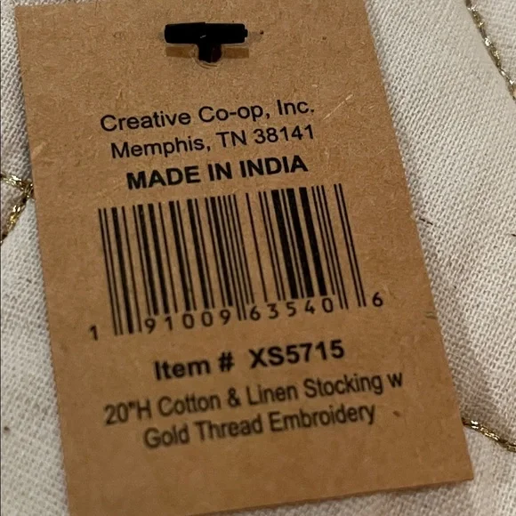 Creative Co-Op Quilted Cotton & Linen Stocking w/ Metallic Gold/NWT - Picture 6 of 7
